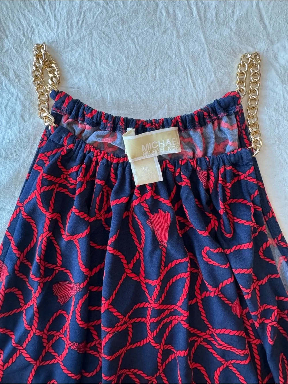 Michael Kors Navy Halter Tank with Red Rope-Print & Gold Chain Straps